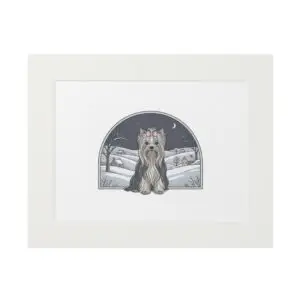 Elegant Winter Yorkie Wall Art – Regal Long-Haired Yorkshire Terrier in Moonlit Snow Countryside Print, Fine Art Prints (Passepartout Paper Frame)