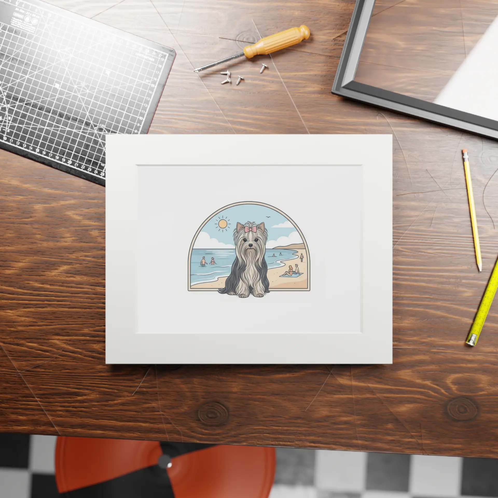 Elegant Summer Yorkie Wall Art – Regal Long-Haired Yorkshire Terrier in Beach Archway Print. Fine Art Prints (Passepartout Paper Frame) - Image 4