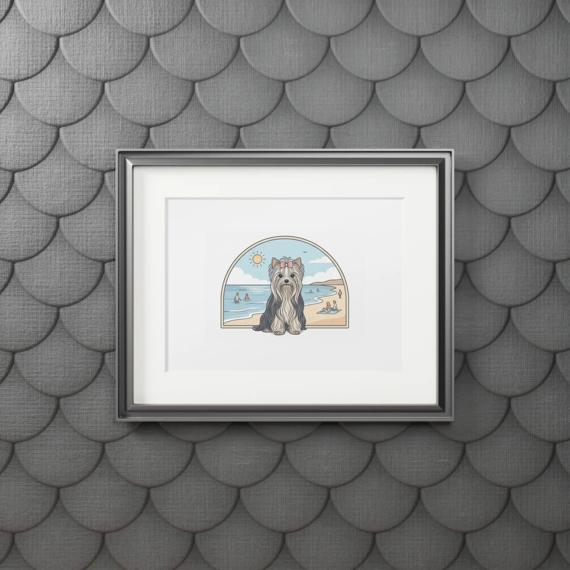 Elegant Summer Yorkie Wall Art – Regal Long-Haired Yorkshire Terrier in Beach Archway Print. Fine Art Prints (Passepartout Paper Frame) - Image 3