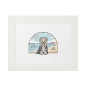Elegant Summer Yorkie Wall Art – Regal Long-Haired Yorkshire Terrier in Beach Archway Print. Fine Art Prints (Passepartout Paper Frame)