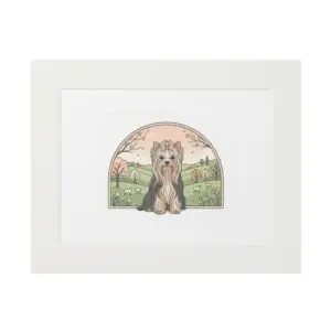 Elegant Spring Yorkie Wall Art – Regal Long-Haired Yorkshire Terrier in Countryside Archway Print, Fine Art Prints (Passepartout Paper Frame)
