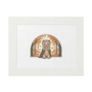 Elegant Autumn Yorkie Wall Art – Regal Long-Haired Yorkshire Terrier in Woodland Archway Print. Fine Art Prints (Passepartout Paper Frame)