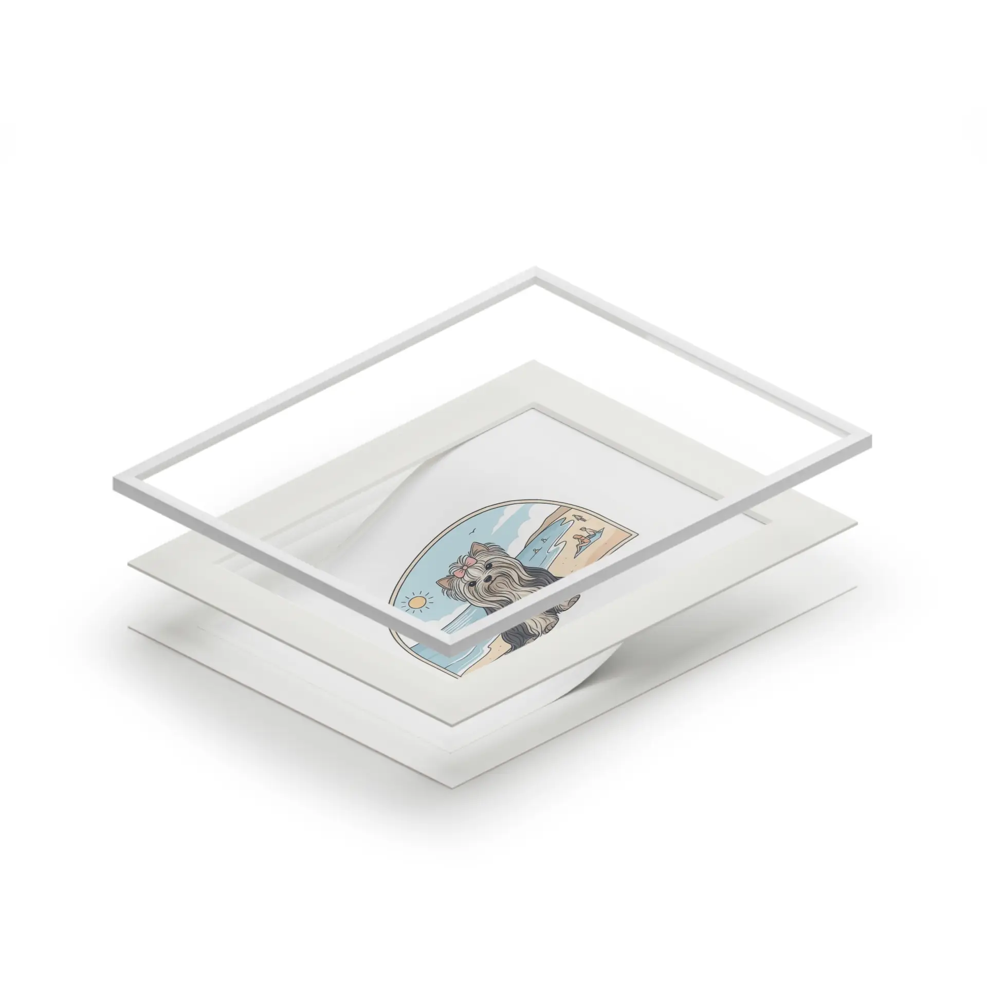 Elegant Summer Yorkie Wall Art – Regal Long-Haired Yorkshire Terrier in Beach Archway Print. Fine Art Prints (Passepartout Paper Frame) - Image 2